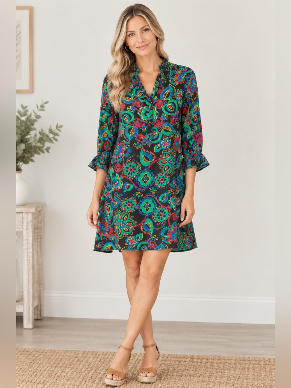 Flora Bea NYC Black Long-Sleeve Paisley Floral Tunic Dress Size Medium